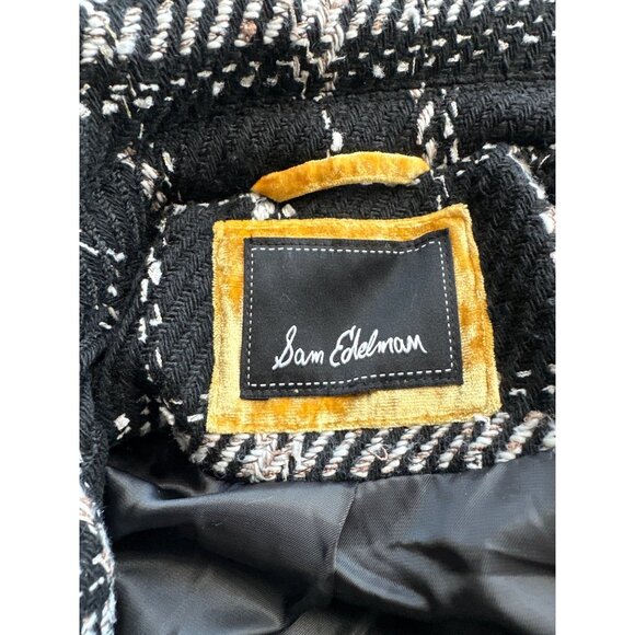 Sam Edelman Tweed Pea Coat Black Double-Breasted Plaid Lined Size Large - Picture 9 of 10